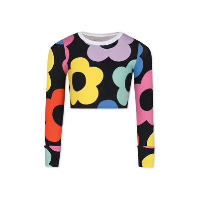 Stella Mccartney Kids' Black Crop T-shirt For Girl With Flowers Print In Multi
