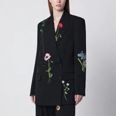 Stella Mccartney Black Double-breasted Jacket With Floral Embroidery