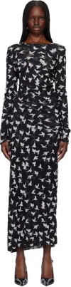 Stella Mccartney Black Dove Print Mesh Long Sleeve Maxi Dress In 1000 Black