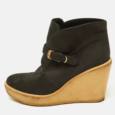 Pre-owned Stella Mccartney Black Faux Suede Buckle Detail Wedge Ankle Booties Size 39
