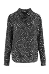 STELLA MCCARTNEY BLACK PRINTED SILK SHIRT WITH MANDARIN COLLAR AND ASYMMETRIC HEM FOR WOMEN