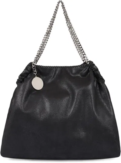 Stella Mccartney Black Shoulder Bag With Diamond-like Chain And Logo Charm On The Front In Ecoleather Woman