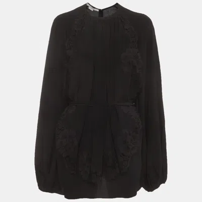 Pre-owned Stella Mccartney Black Silk Crepe Lace Trim Belted Blouse Xl