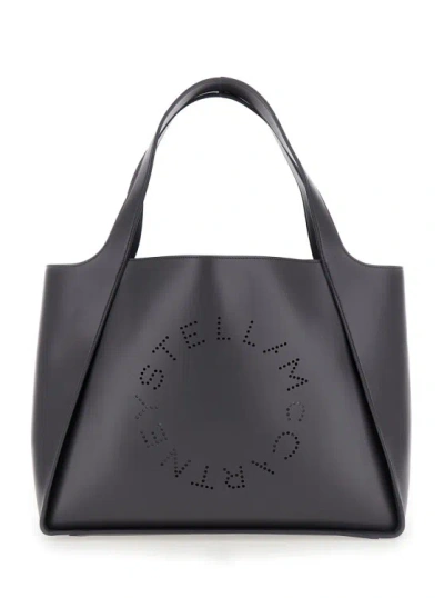 Stella Mccartney Black Tote Bag With Perforated Logo In Faux Leather In Grey