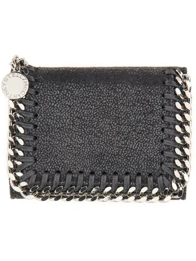 Stella Mccartney Black Tri-fold Wallet With Chain Detail In Faux Leather Woman