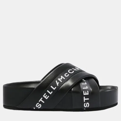 Pre-owned Stella Mccartney Black Vesta Logo Slides Size 40