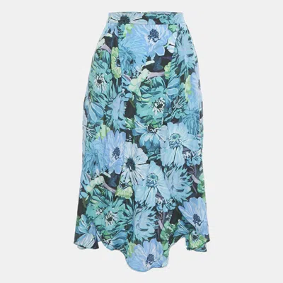 Pre-owned Stella Mccartney Blue /green Floral Print Silk Wrap Style Midi Skirt S
