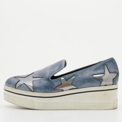 Pre-owned Stella Mccartney Blue Two Tone Faux Leather Binx Star Slip On Trainers Size 37