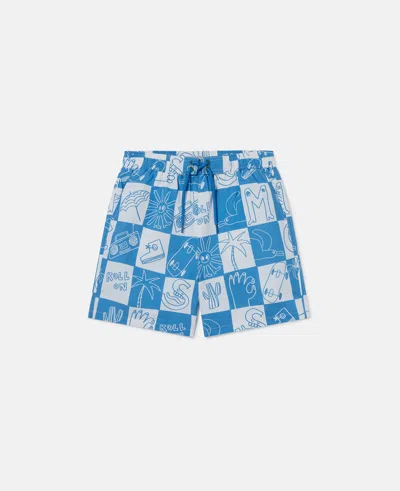 Stella Mccartney Brand Lettering Check Swim Shorts In Blue