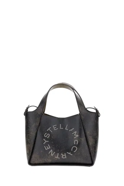 Stella Mccartney Brown Leather Tote Bag With Embroidered Logo And Dual Carry Options In Black