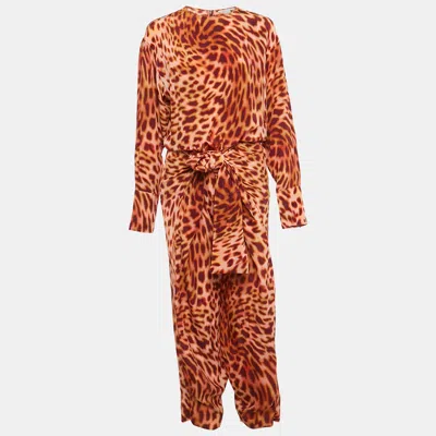 Pre-owned Stella Mccartney Brown Leopard Print Silk Tie-up Jumpsuit S