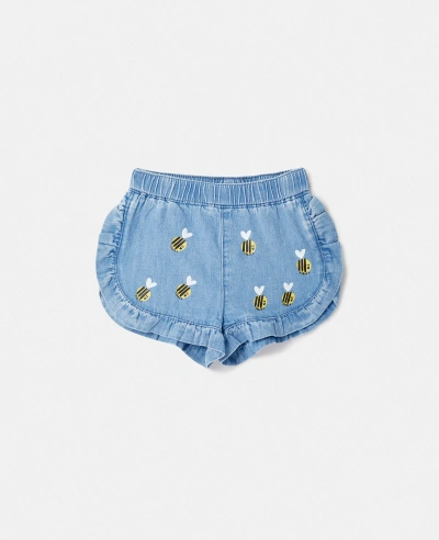 Stella Mccartney Kids' Bumblebee Embroidery Denim Shorts In Blue