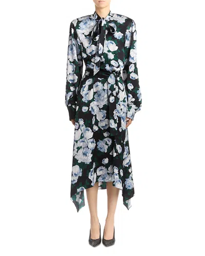 Stella Mccartney Bunch Of Roses Long Sleeve Tie Neck Dress In Multi