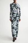 Stella Mccartney Bunch Of Roses Long Sleeve Mesh Maxi Dress In Green