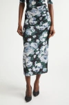 Stella Mccartney Ruched Floral-print Stretch-mesh Midi Skirt In Black