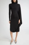 Stella Mccartney Black Asymmetric Midi Dress With High Neck And One Cape Sleeve In Black