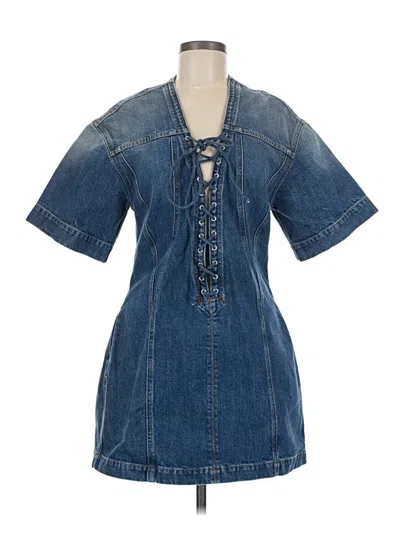 Stella Mccartney Laced V-neck Short-sleeve Vintage Denim Mini Dress In Blue