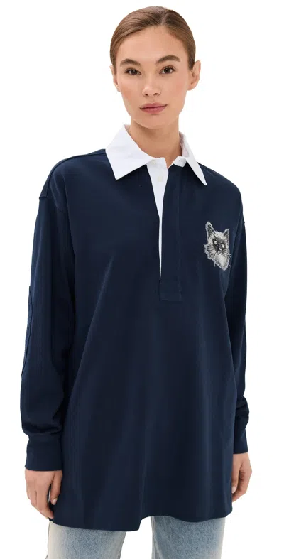 Stella Mccartney Embroidered Cat Long Sleeve Cotton Rugby Shirt In Navy