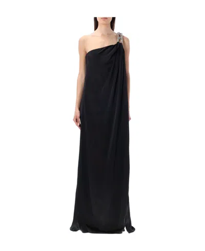 Stella Mccartney Falabella One-shoulder Crystal-embellished Satin Gown In Black