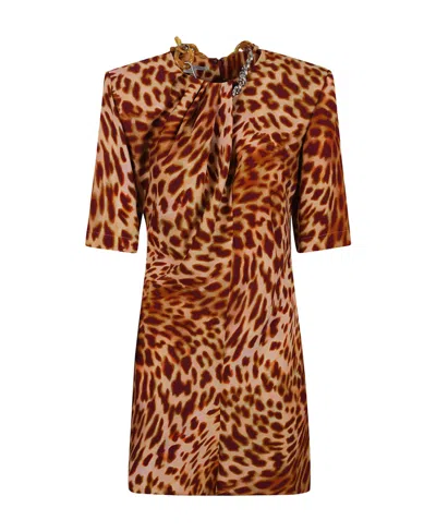 Stella Mccartney Chain-embellished Short-sleeved Mini Dress In Brown