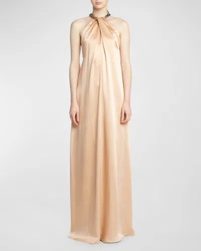 Stella Mccartney Chain Halter Neck Satin Gown In Nude