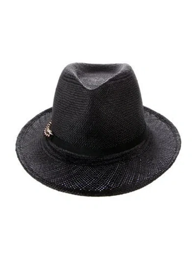 Pre-owned Stella Mccartney Chain-link Accent Straw Fedora Hat In Black