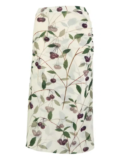 Stella Mccartney Ruched Printed Stretch-mesh Midi Skirt In Cream