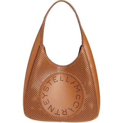 Stella Mccartney Circle Logo Perforated Faux Leather Hobo Bag In Cuoio