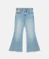 Stella Mccartney Bootcut Distressed Denim Trousers With Gold Stitching In Vintage Wash Blue Denim