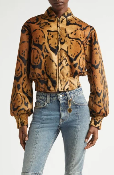 Stella Mccartney Cloud Leopard Crop Velveteen Bomber Jacket In Brown