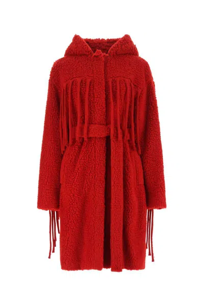 Stella Mccartney Fringe Trim Faux Shearling Teddy Coat In Red