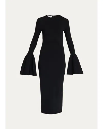 Stella Mccartney Compact Knit Bell-sleeve Midi Dress In Black