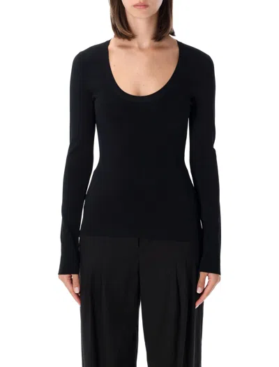Stella Mccartney Compact Stretch Knit Slim-fit Top With Wide Scoop Neck And Long Sleeves In Blue