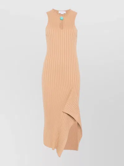 Stella Mccartney Cotton Dress Rib Knit Asymmetric Hem In Brown