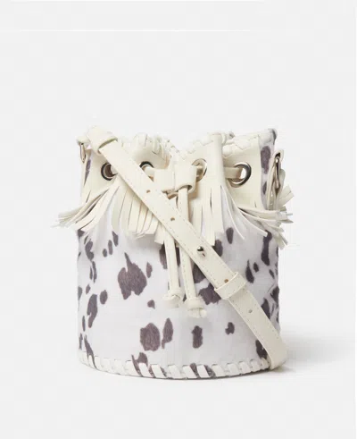 Stella Mccartney Cow Pattern Fringed Bucket Bag In Ivory