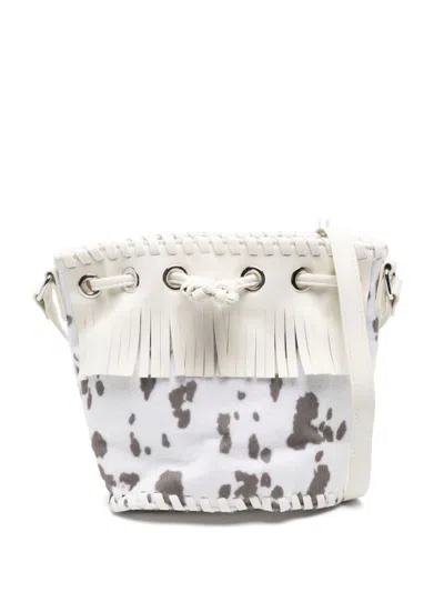 Stella Mccartney Kids' Cow-print Fringed Bucket Bag In White