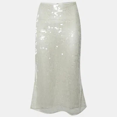 Pre-owned Stella Mccartney Cream Sequined Mesh Knit Midi Skirt L In White