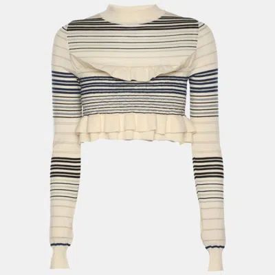 Pre-owned Stella Mccartney Cream/blue Striped Rib Knit Cropped Striped Frill Jumper S In White