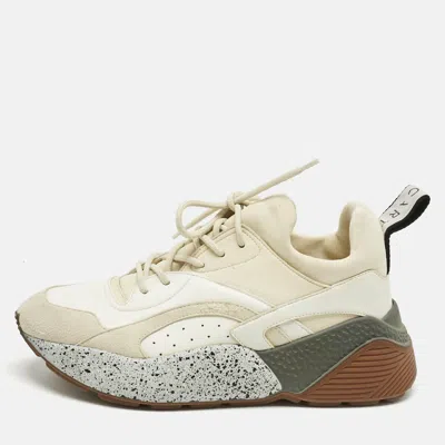 Pre-owned Stella Mccartney Cream/white Fabric And Faux Leather Eclypse Lace Up Sneakers Size 39