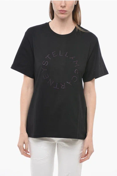 Stella Mccartney Crew Neck Cotton T-shirt With Rhinestoned Logo In Black