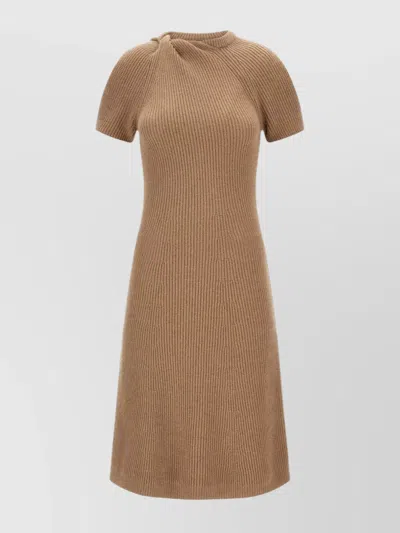 Stella Mccartney Crew Neck Knitted Ribbed Knee-length Dress In Brown