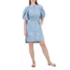 Stella Mccartney Crinkle Blue Denim Puff Sleeve Dress In Burgundy