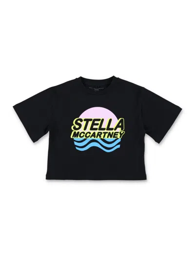 Stella Mccartney Kids' Cropped Logo Waves T-shirt In Black