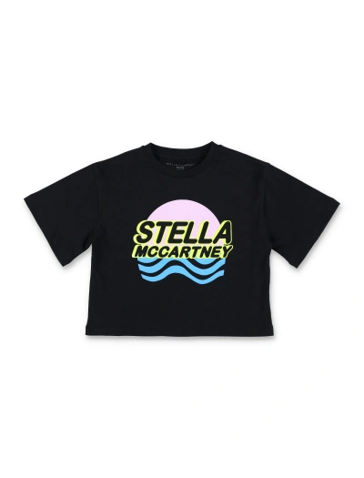 Stella Mccartney Kids' Organic Cotton Cropped Printed T-shirt In Black