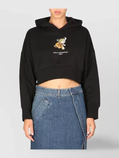 Stella Mccartney Cropped Tiger Graphic Hooded Sweatshirt In Black