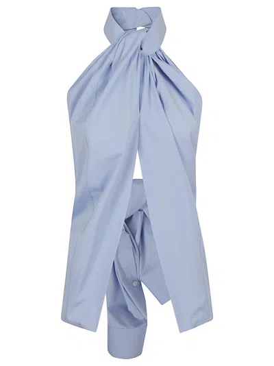 Stella Mccartney Cross Halterneck Cotton Poplin Top In Sky Blue