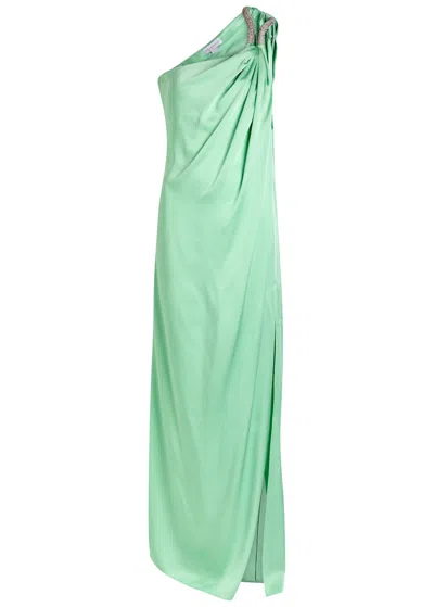 Stella Mccartney Crystal-embellished One-shoulder Satin Gown In Green