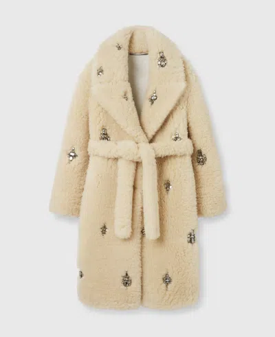 Stella Mccartney Crystal Embellished Plush Teddy Coat In Oat