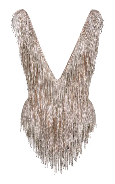 Stella Mccartney Crystal-fringed Bodysuit In Silver