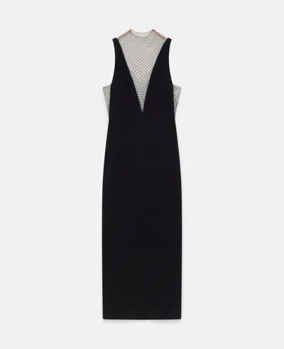 Stella Mccartney Crystal Mesh Deep V Midi Dress In Midnight Black